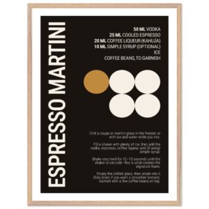 Typography print poster featuring an espresso martini recipe and ingredients.