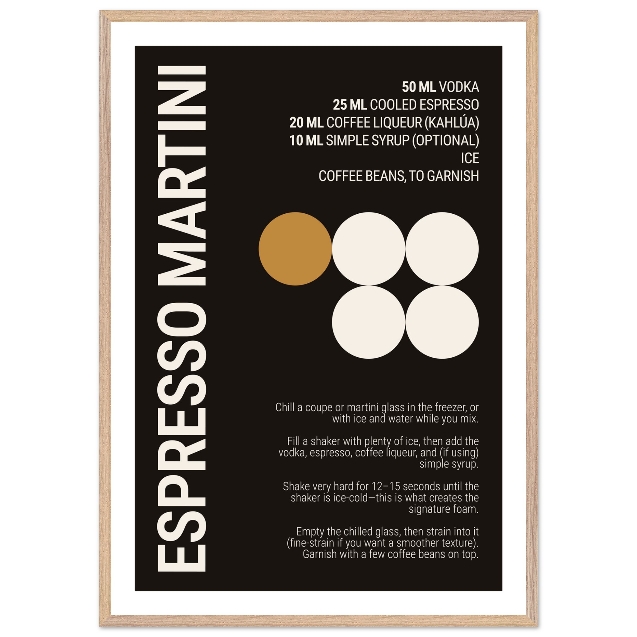 Typography print of an Espresso Martini recipe on a dark background.