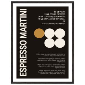 Black poster with white and gold text about making an Espresso Martini.