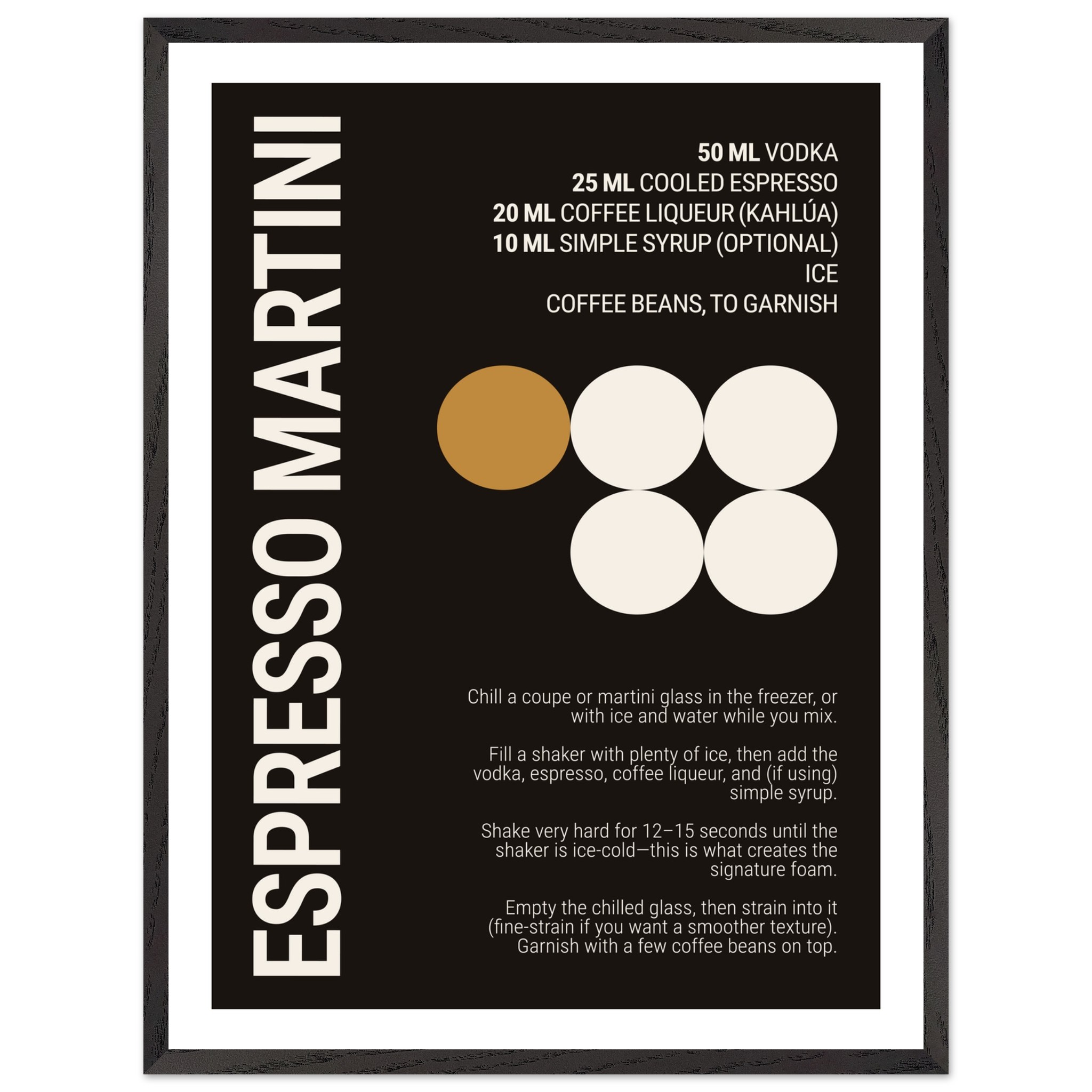 Black poster with white and gold text about making an Espresso Martini.