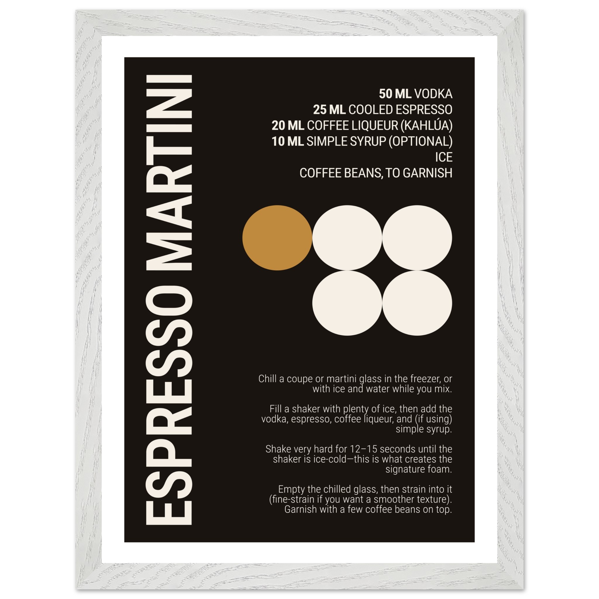 Typography print with ingredients and instructions for making an Espresso Martini.