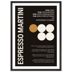 Typography poster displaying ingredients and instructions for an Espresso Martini cocktail.