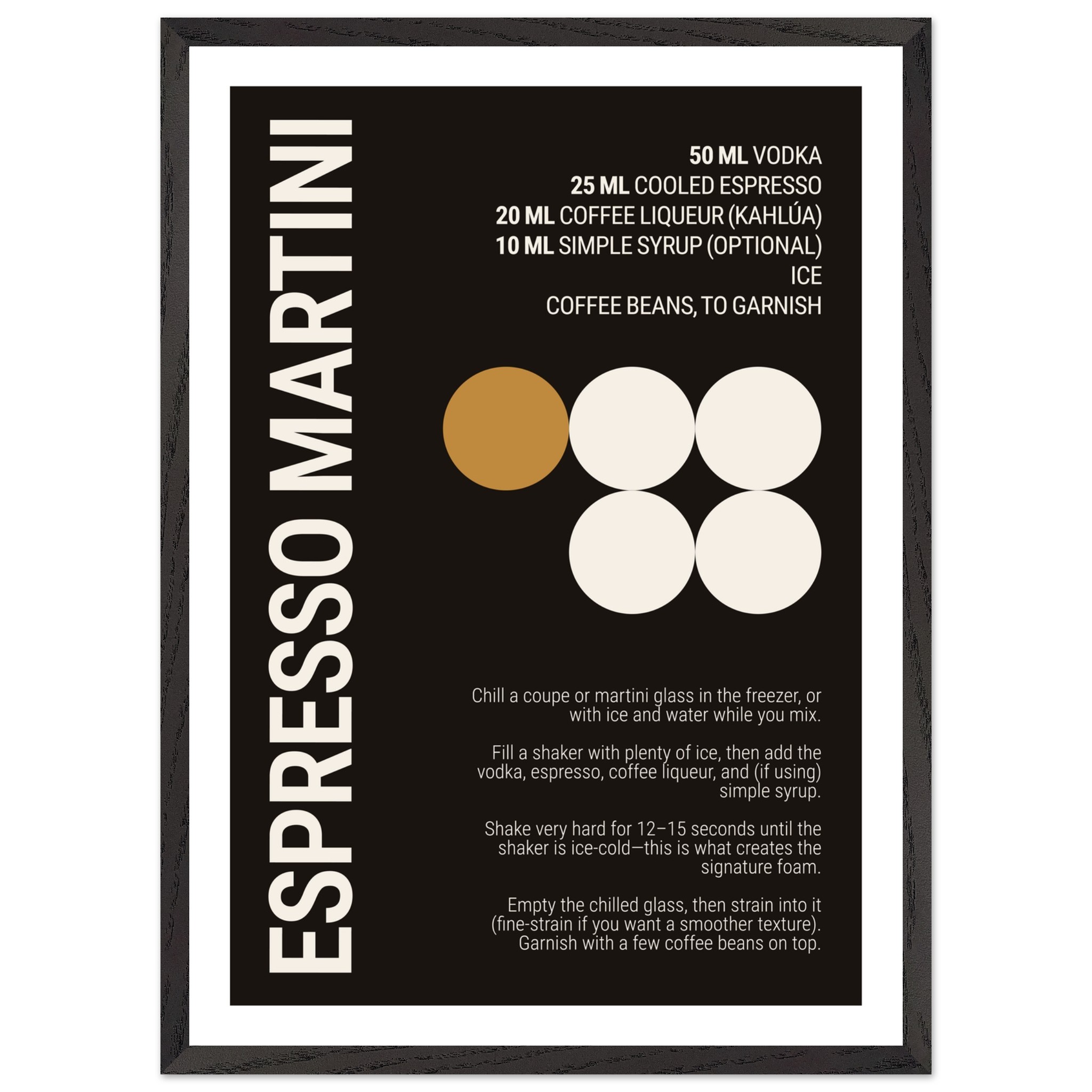 Typography poster displaying ingredients and instructions for an Espresso Martini cocktail.
