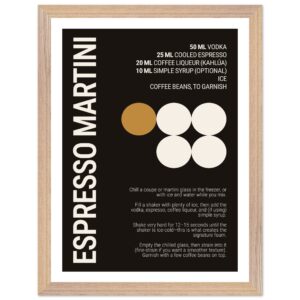 Espresso Martini cocktail recipe poster with black and brown design.