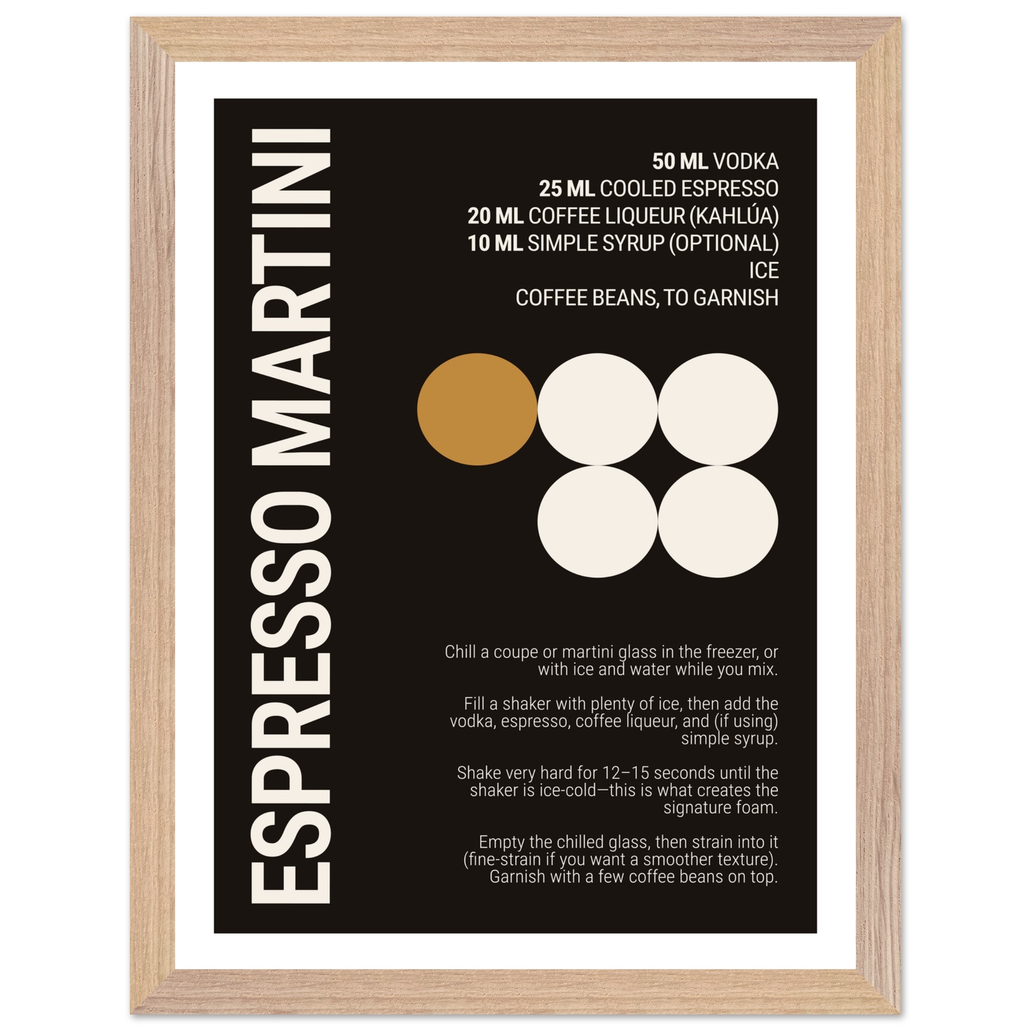 Espresso Martini cocktail recipe poster with black and brown design.