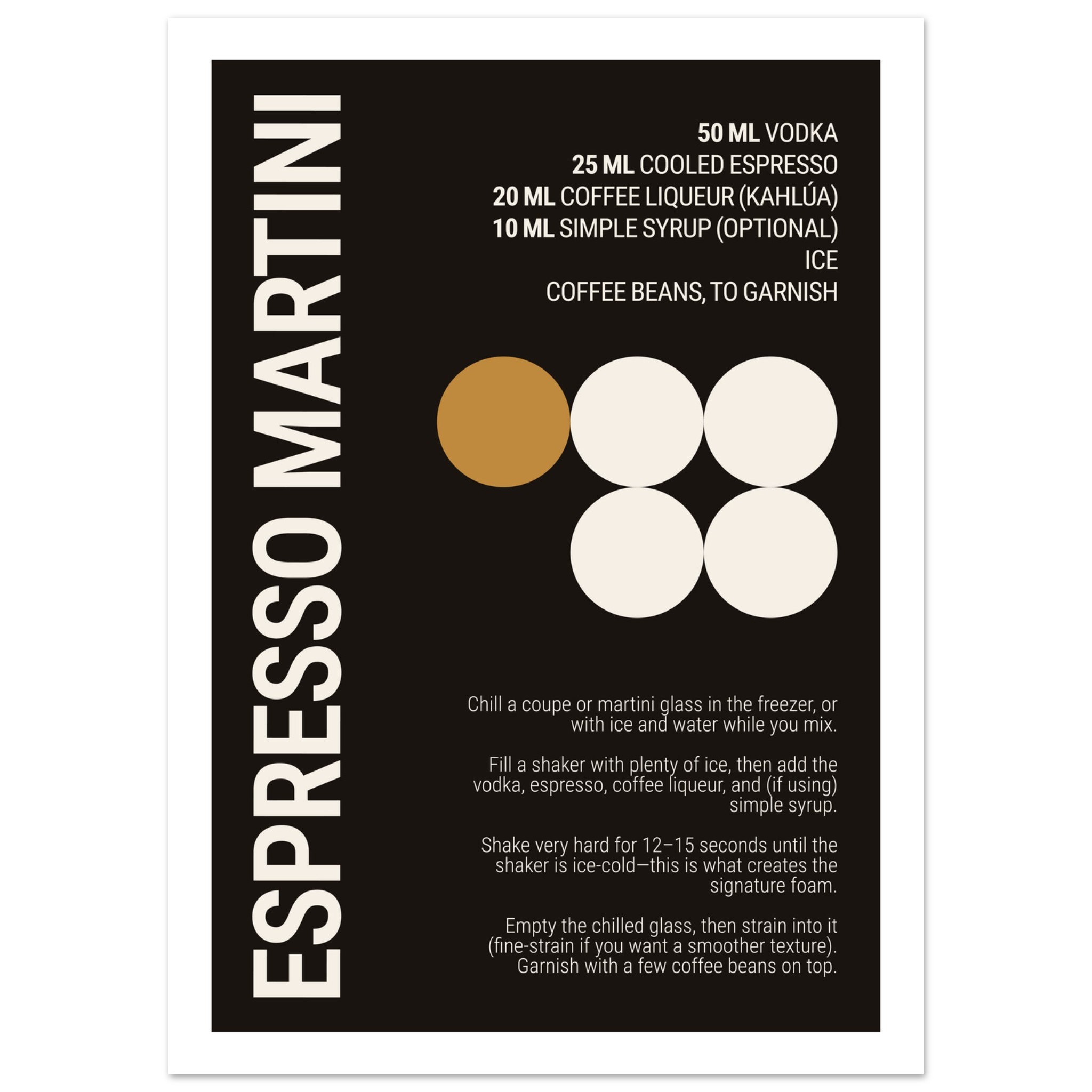 Typography poster featuring ingredients and instructions for Espresso Martini cocktail.