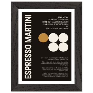 Typography print poster with espresso martini recipe and coffee bean graphics.