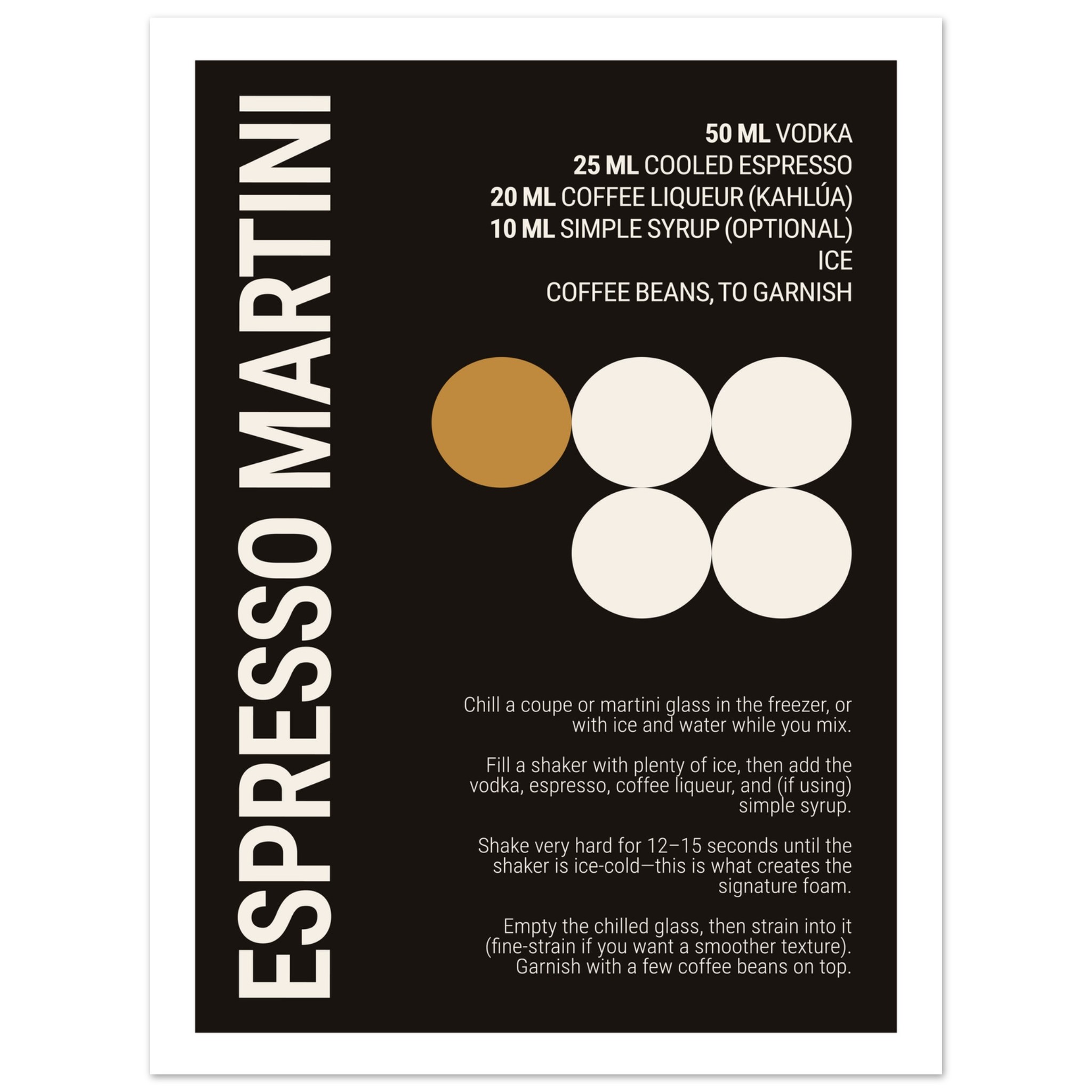 Espresso Martini recipe with black background and white typography.