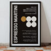 Black poster with white and gold text, detailing Espresso Martini recipe.
