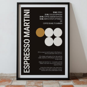 Black poster with white and gold text, detailing Espresso Martini recipe.