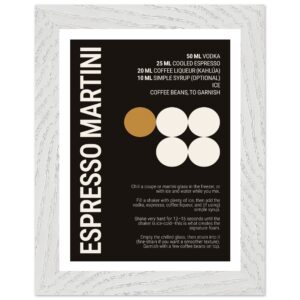 Typography print poster featuring an Espresso Martini recipe and ingredients.