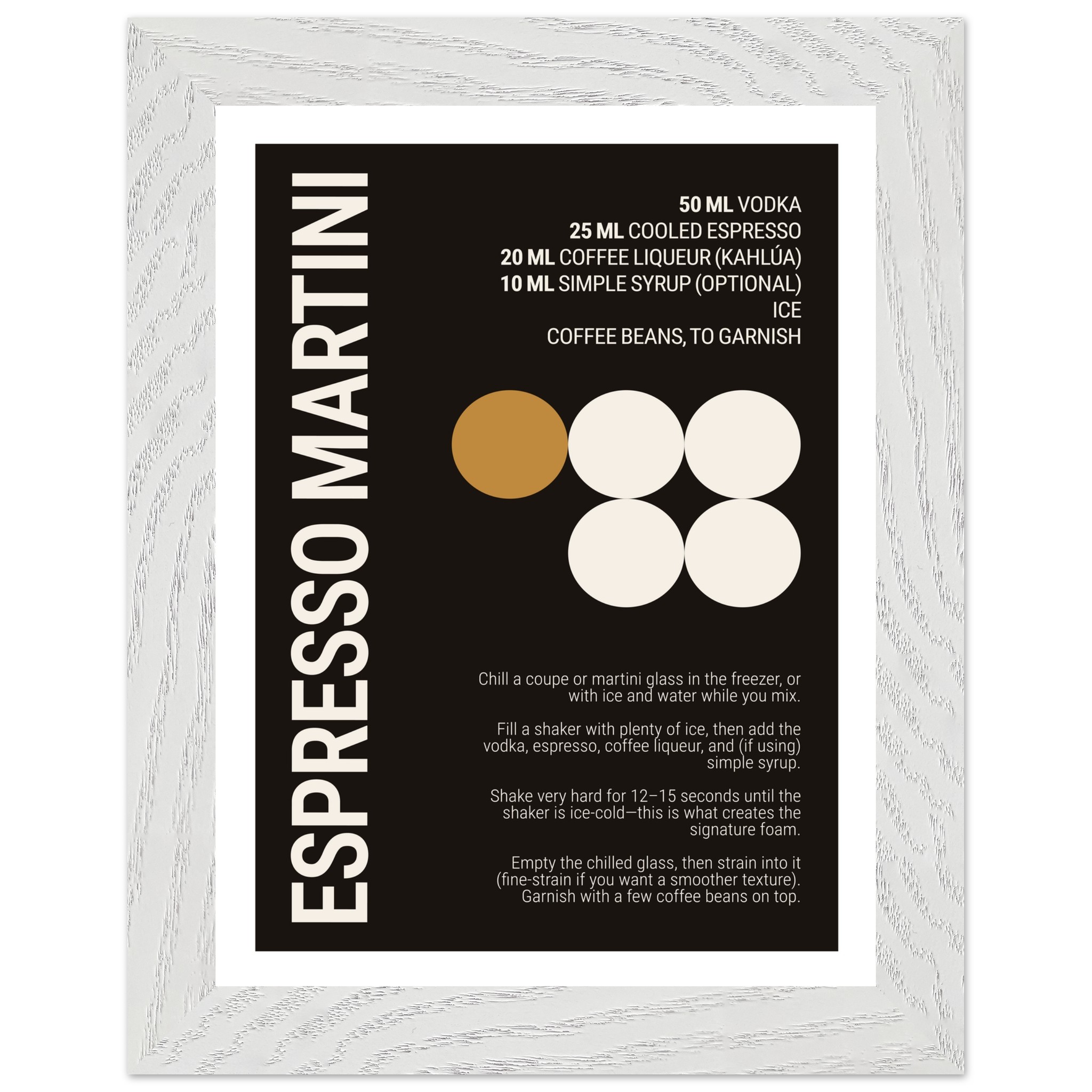 Typography print poster featuring an Espresso Martini recipe and ingredients.