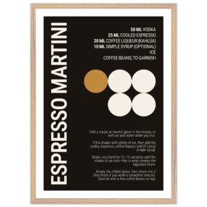 Espresso Martini cocktail recipe print on a black background.