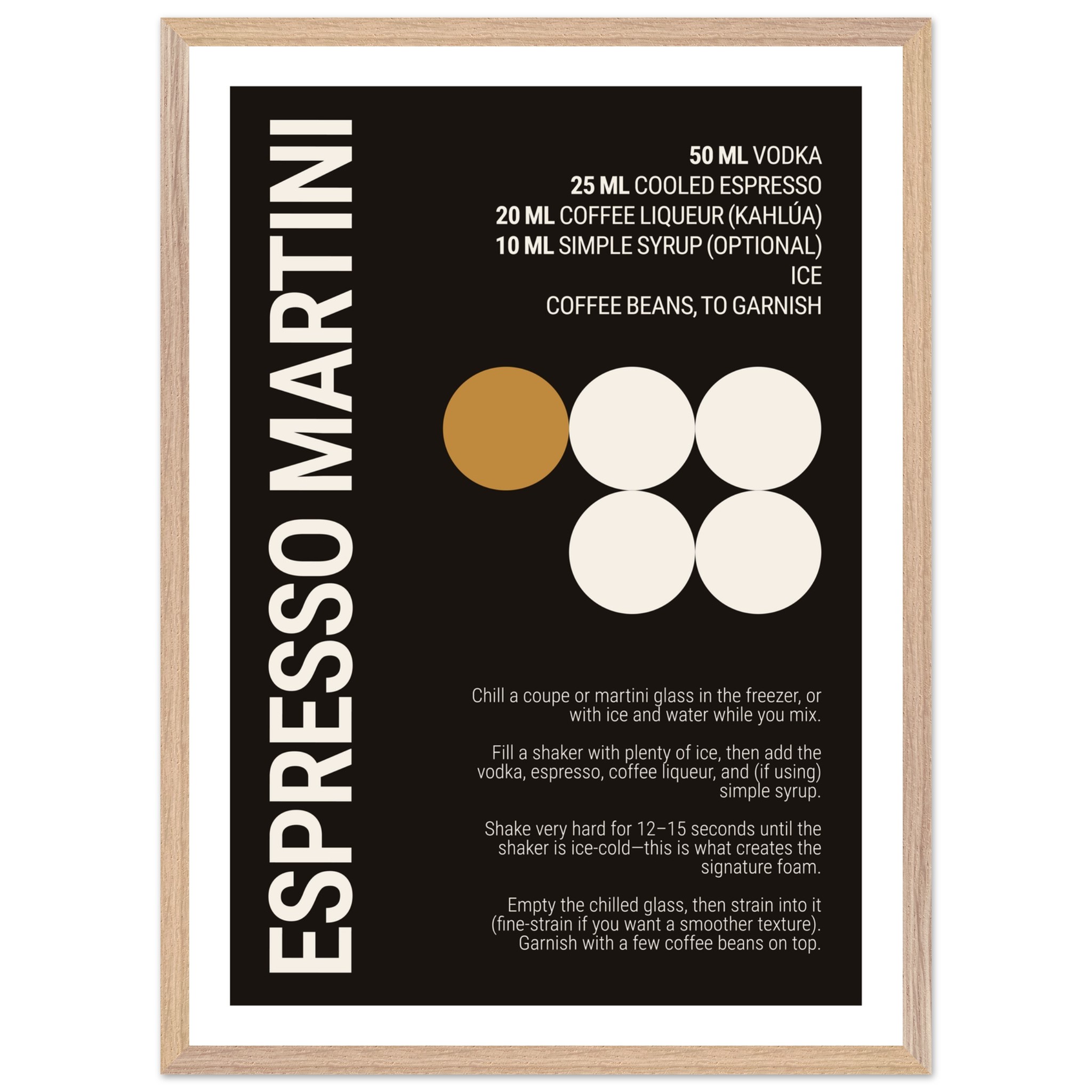Espresso Martini cocktail recipe print on a black background.