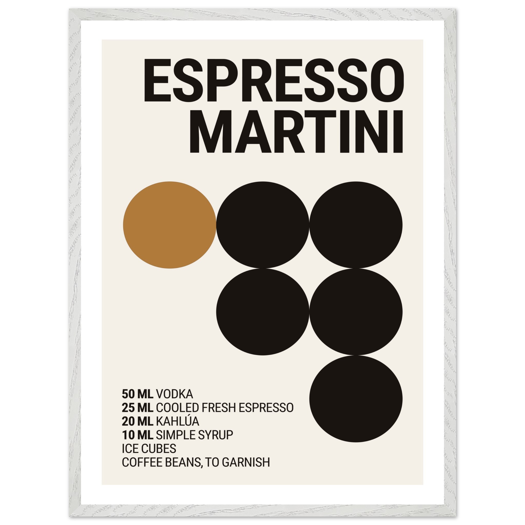 A framed poster featuring bold typography and graphic elements, displaying the ingredients and measurements for an Espresso Martini, with a neutral background and a prominent brown circle.