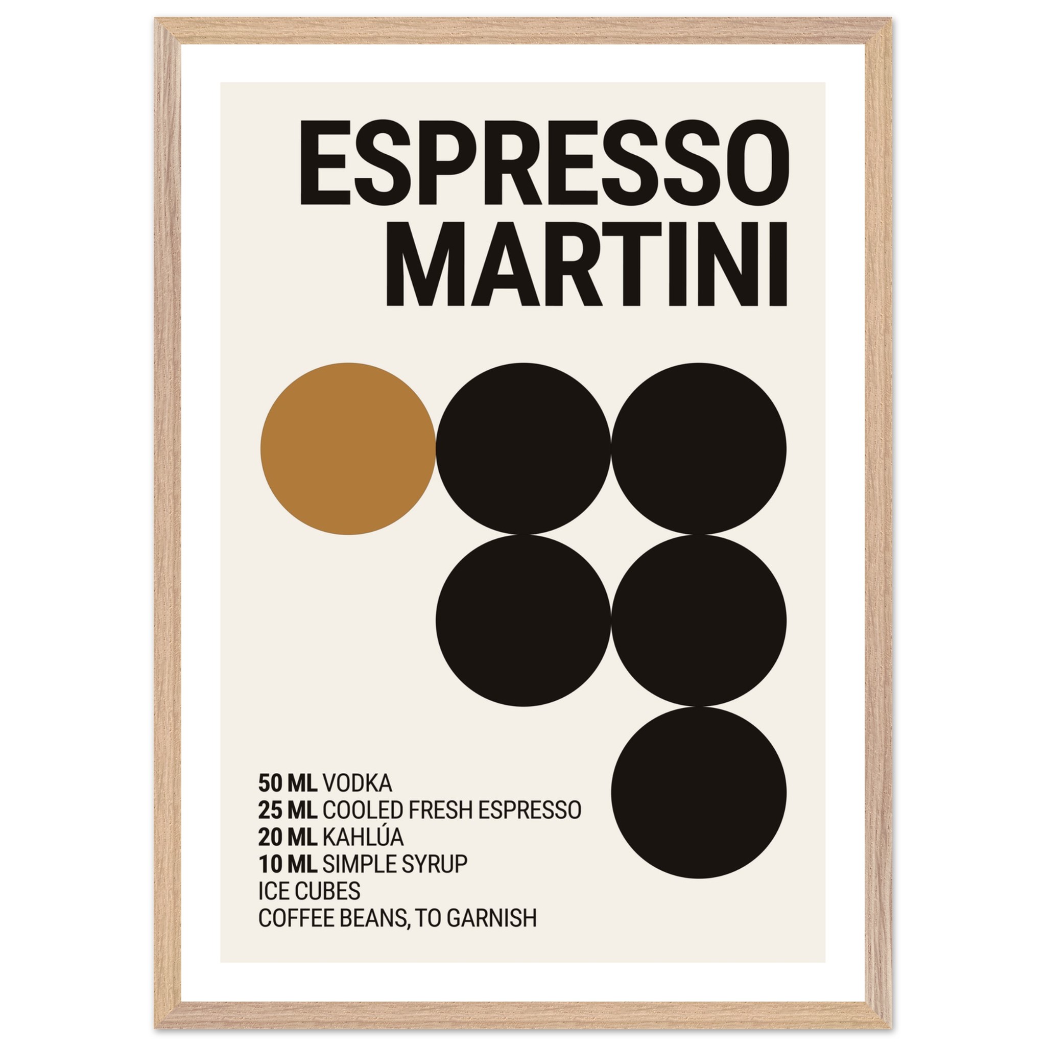 A framed poster featuring a minimalist design with bold black circles and text, detailing ingredients for an Espresso Martini, set against a light background.