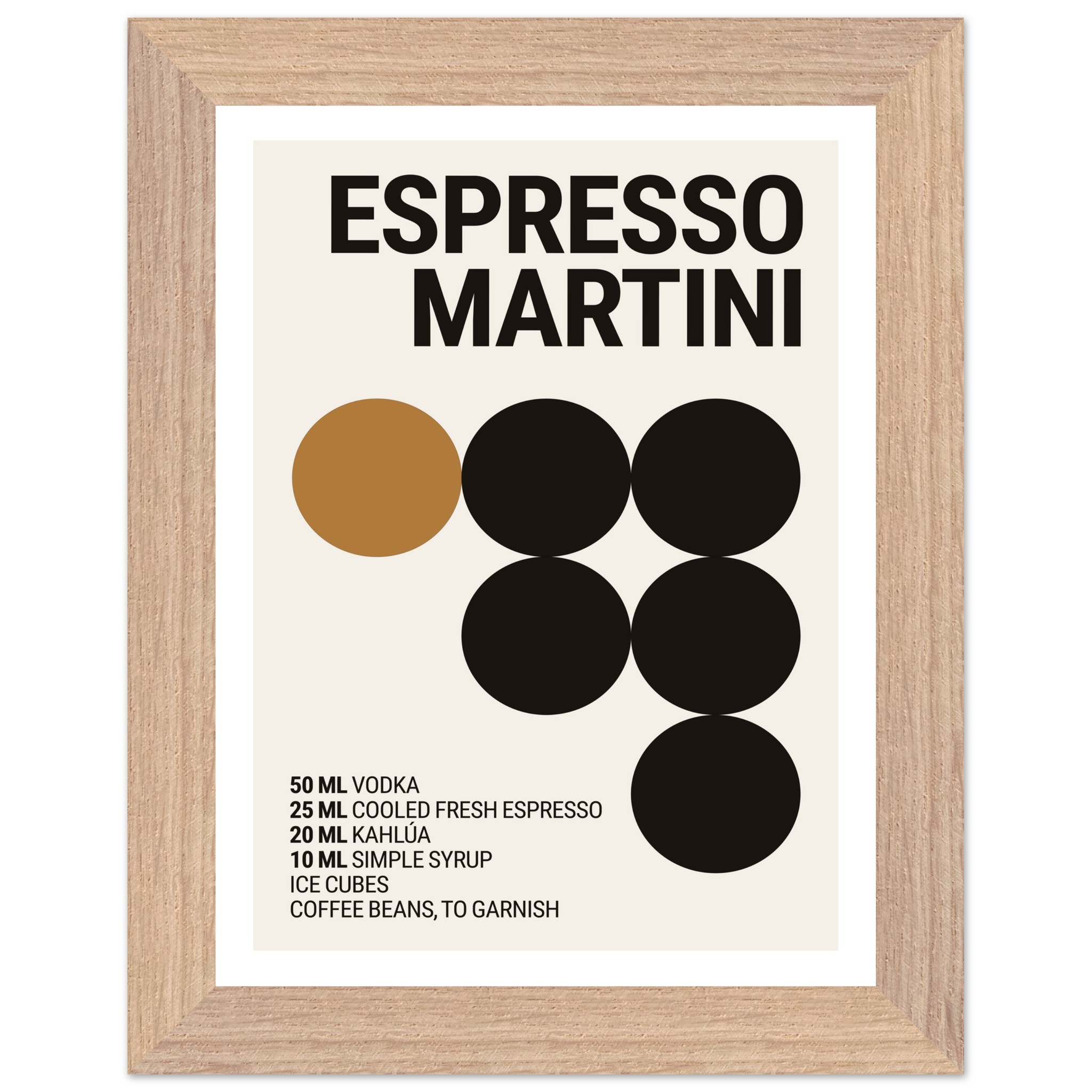 A framed poster featuring a minimalist design with the text "ESPRESSO MARTINI" and circular graphics in black and brown, listing ingredients and measurements in a modern font.