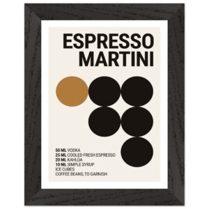 A framed poster featuring a minimalist design with bold typography, listing ingredients for an Espresso Martini, accompanied by circular graphic elements in black and brown on a light background.