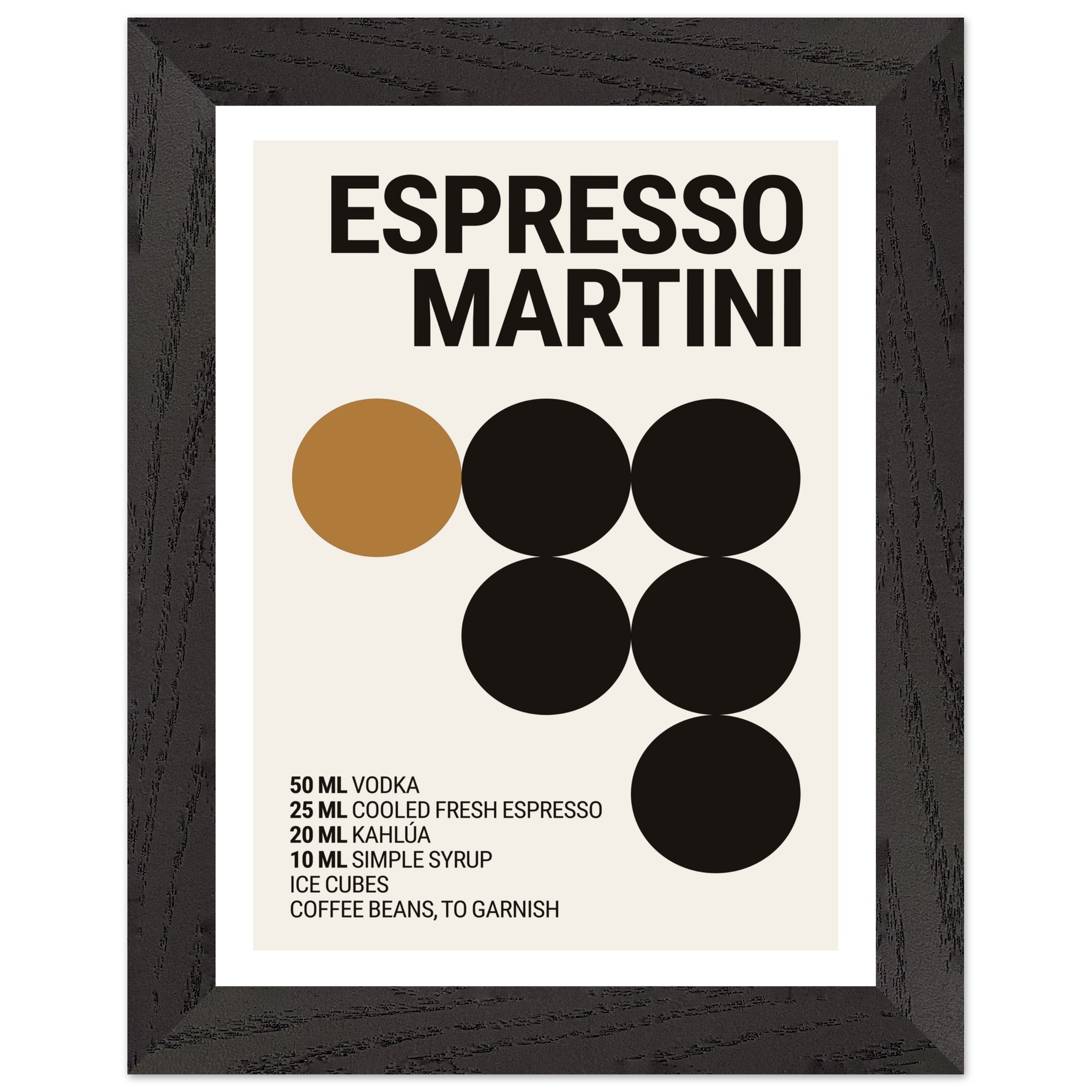 A framed poster featuring a minimalist design with bold typography, listing ingredients for an Espresso Martini, accompanied by circular graphic elements in black and brown on a light background.