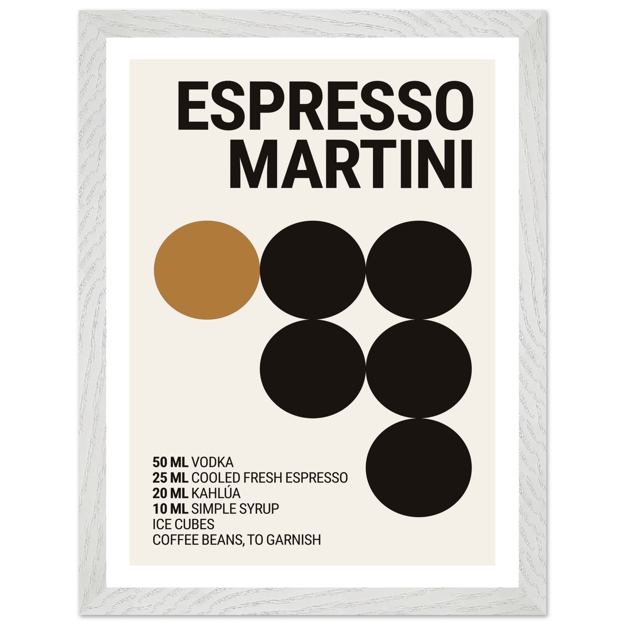 A minimalist poster featuring the text "Espresso Martini" in bold typography, accompanied by circular black shapes and a list of ingredients in a modern layout, framed in light wood.