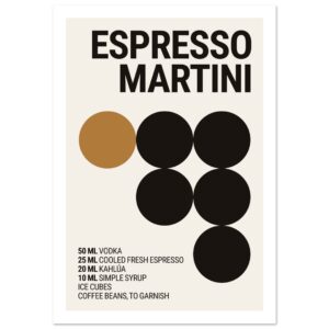 A minimalist poster featuring bold black typography on a cream background, detailing ingredients and measurements for an Espresso Martini, with a brown circle accent.