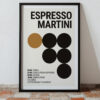 A framed poster featuring a minimalist design with bold black circles, a gold circle, and text detailing ingredients and measurements for an Espresso Martini cocktail on a light background.