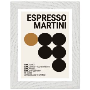 A framed poster featuring bold black typography on a cream background, listing ingredients and measurements for an Espresso Martini, with a large brown circle accent.