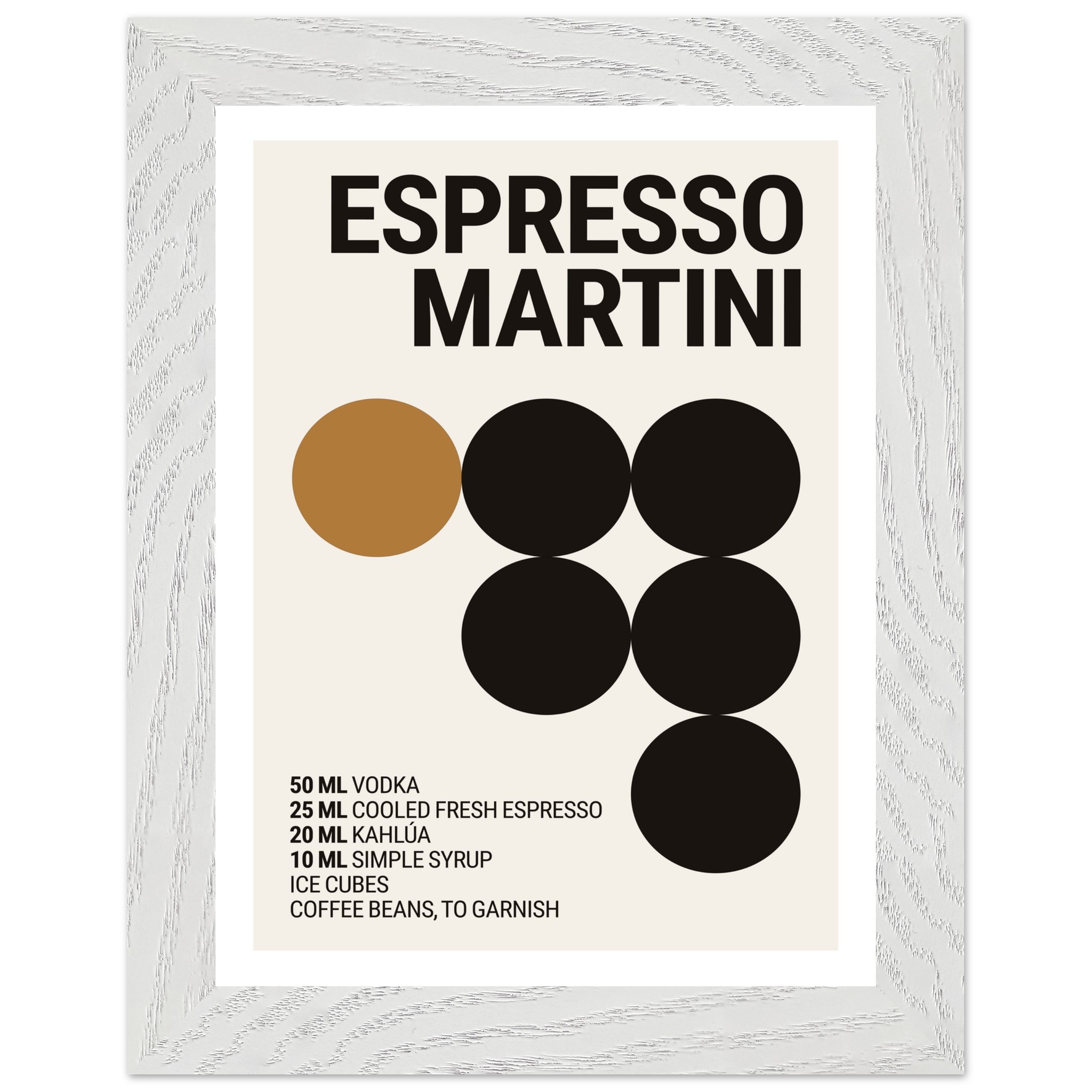 A framed poster featuring bold black typography on a cream background, listing ingredients and measurements for an Espresso Martini, with a large brown circle accent.