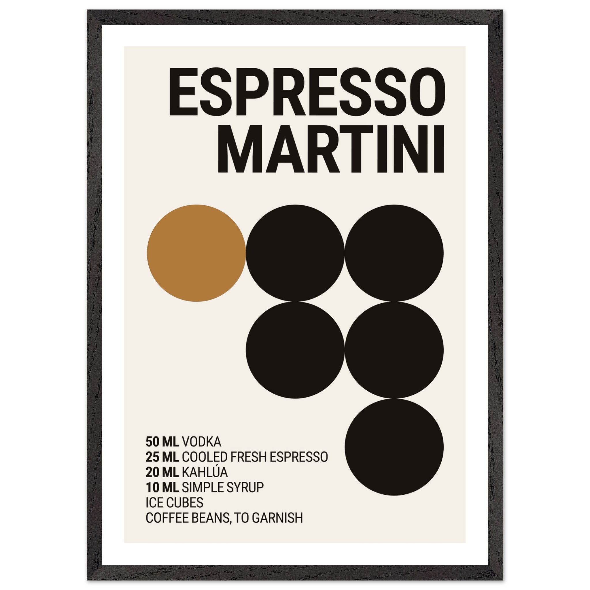 A framed poster featuring a minimalist design with the text "Espresso Martini" and a list of ingredients in black and brown circles on a cream background.