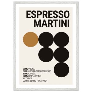 A minimalist poster featuring bold black circles and text on a light background, detailing ingredients for an Espresso Martini, with a brown circle representing coffee.