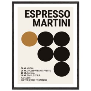 A framed poster featuring bold black typography on a cream background, listing ingredients for an Espresso Martini, with a large brown circle accent and minimalist design elements.