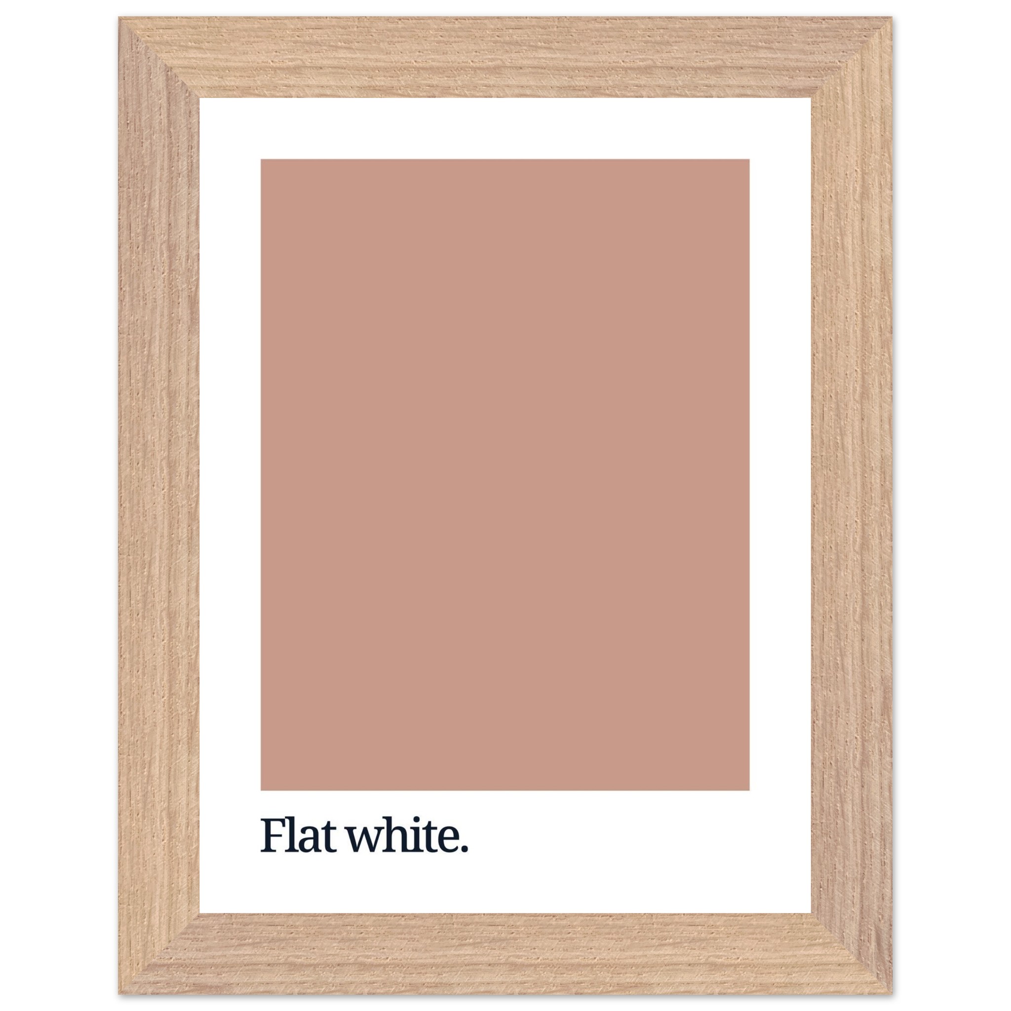 A framed print featuring a flat white color swatch with the text "Flat white." in black typography at the bottom, set against a white background.