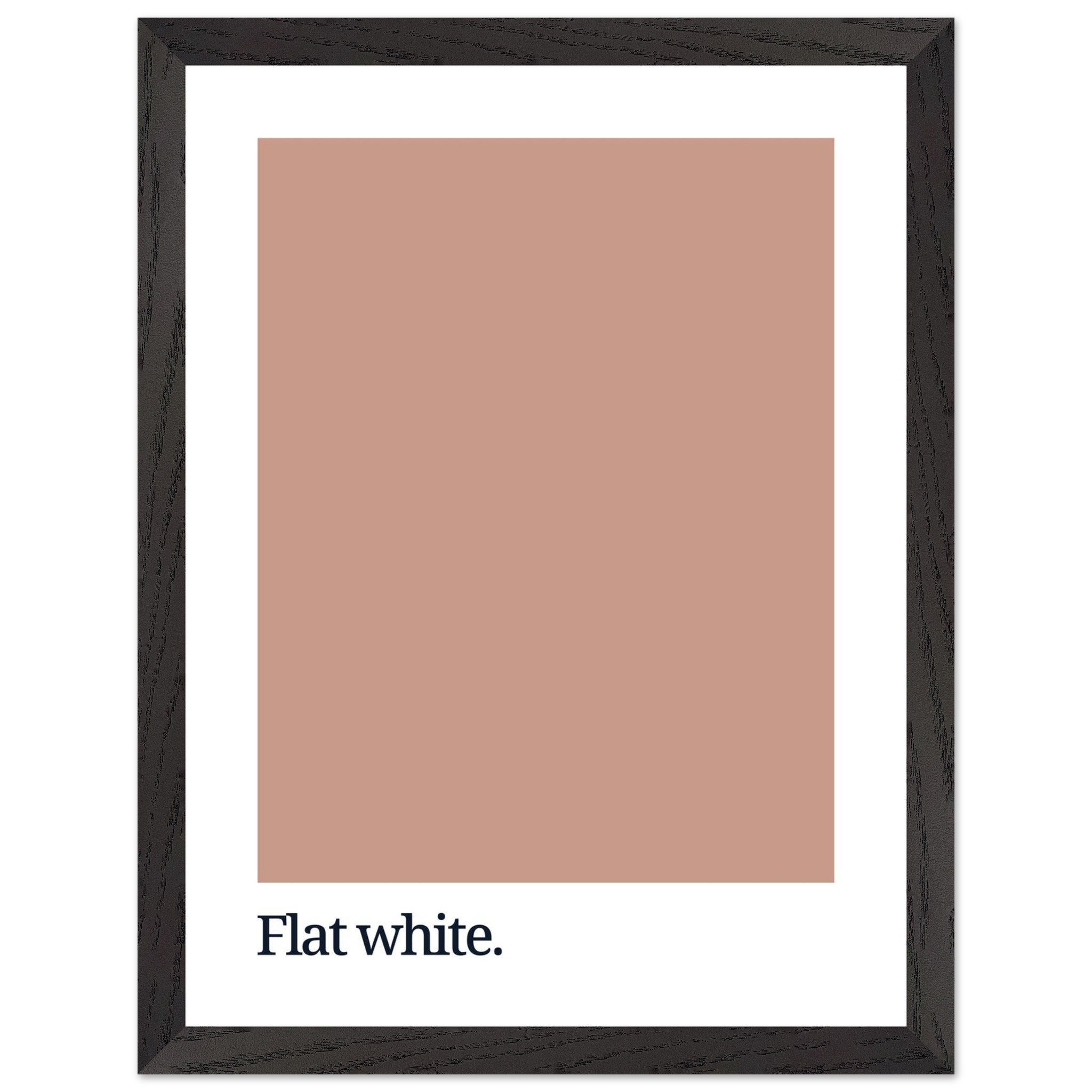 A framed print featuring a flat white color swatch above the text "Flat white." in a modern, sans-serif font, set against a white background.