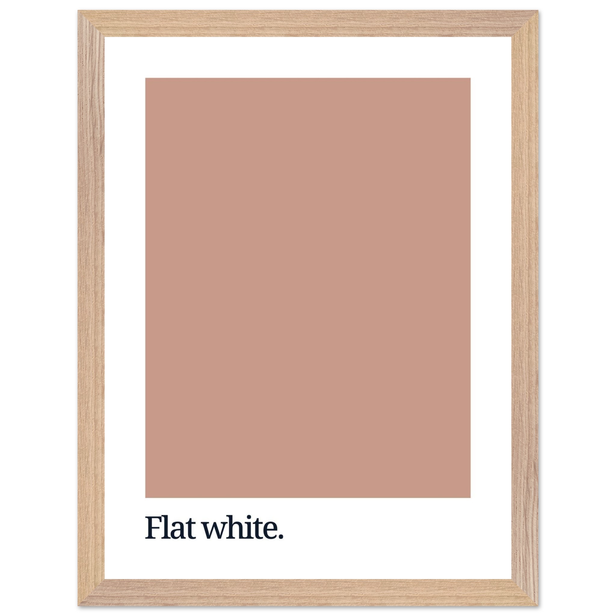 A framed print featuring a flat white color swatch with the text "Flat white." in black typography at the bottom, set against a white background.