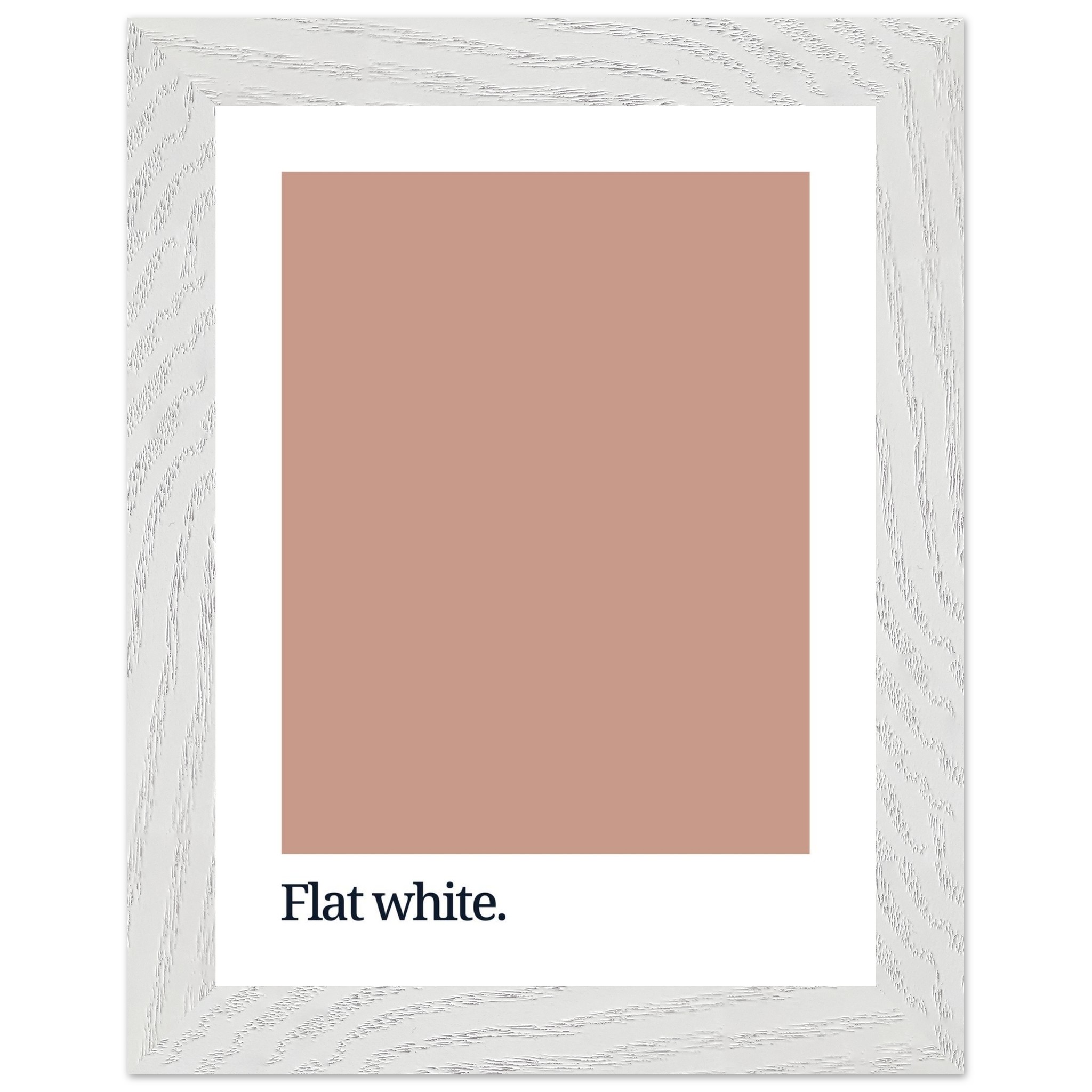 A framed print featuring a solid flat white color swatch with the text "Flat white." in black typography at the bottom, set against a textured white frame.