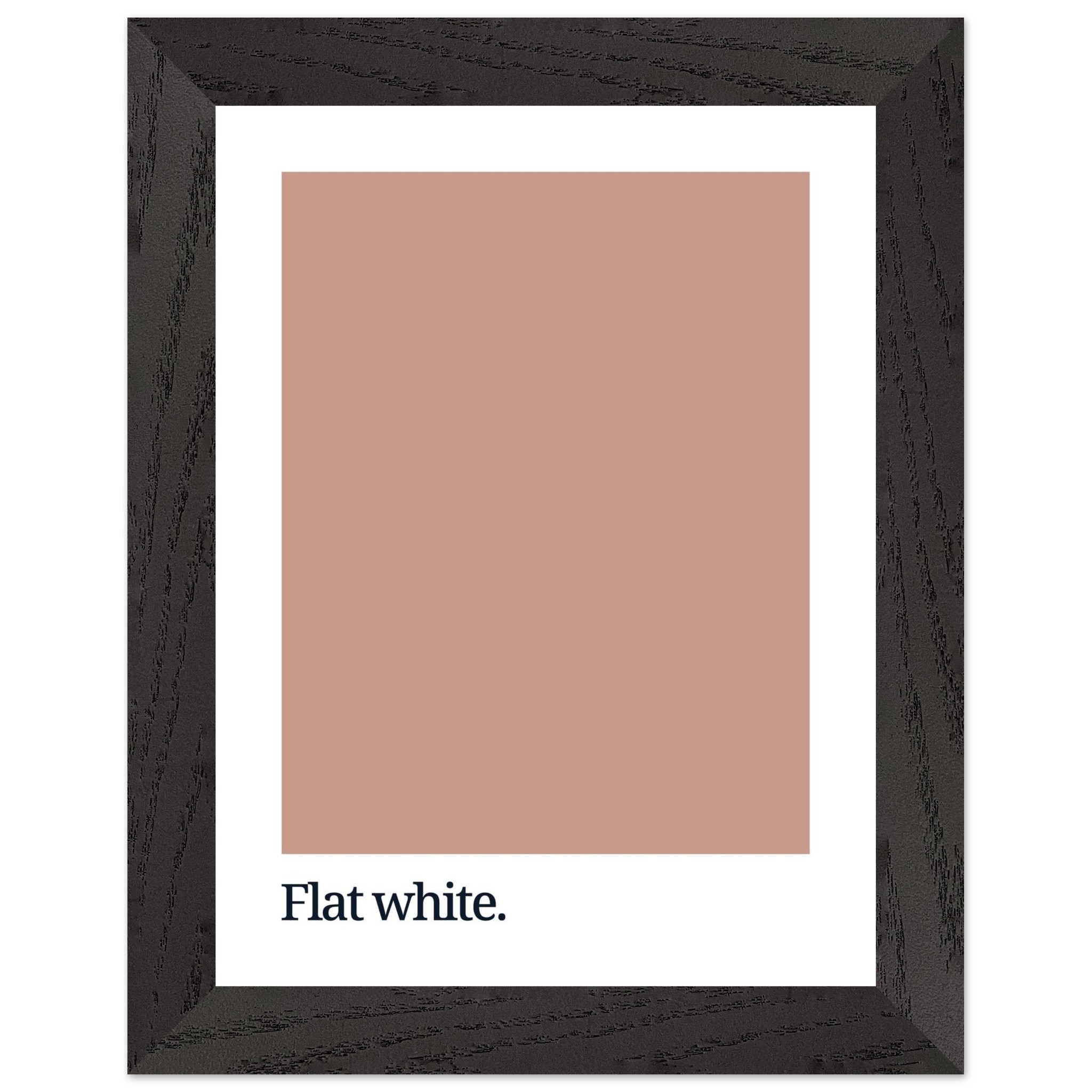 A framed print featuring a solid flat white color swatch with the text "Flat white." in a minimalist black font at the bottom on a white background.