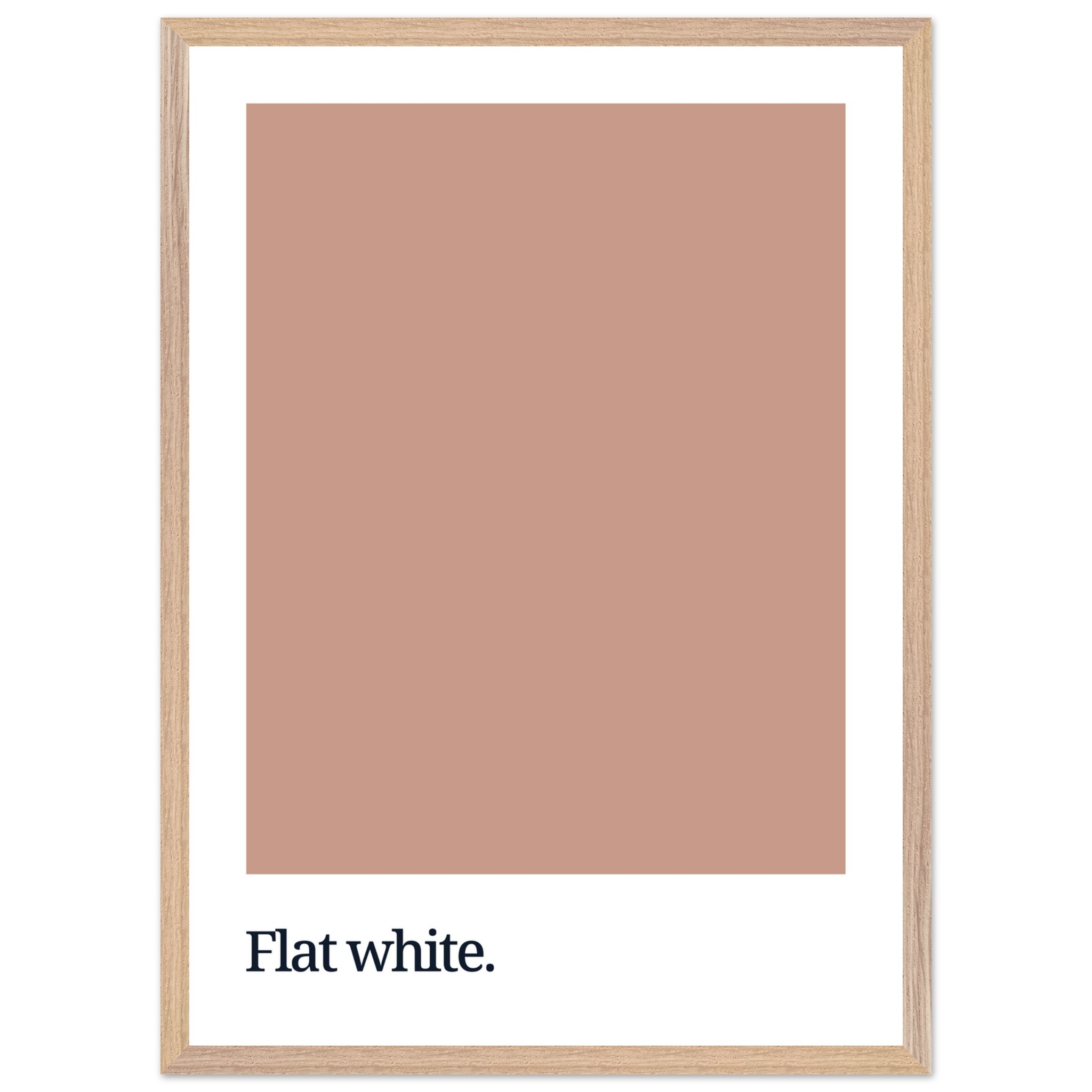 A framed print featuring a solid flat white color swatch above the text "Flat white." in a modern sans-serif font, set against a white background.