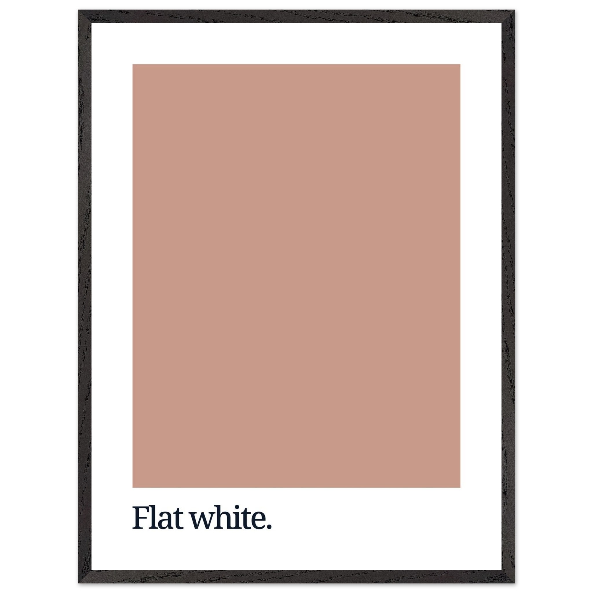A minimalist poster featuring a flat white color swatch above the text "Flat white." in a simple black font, framed in a thin black frame.