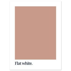 A minimalist poster featuring a large flat white color swatch on a white background, with the text