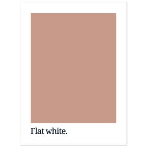 A square print featuring a flat white color swatch with a minimalist design, accompanied by the text