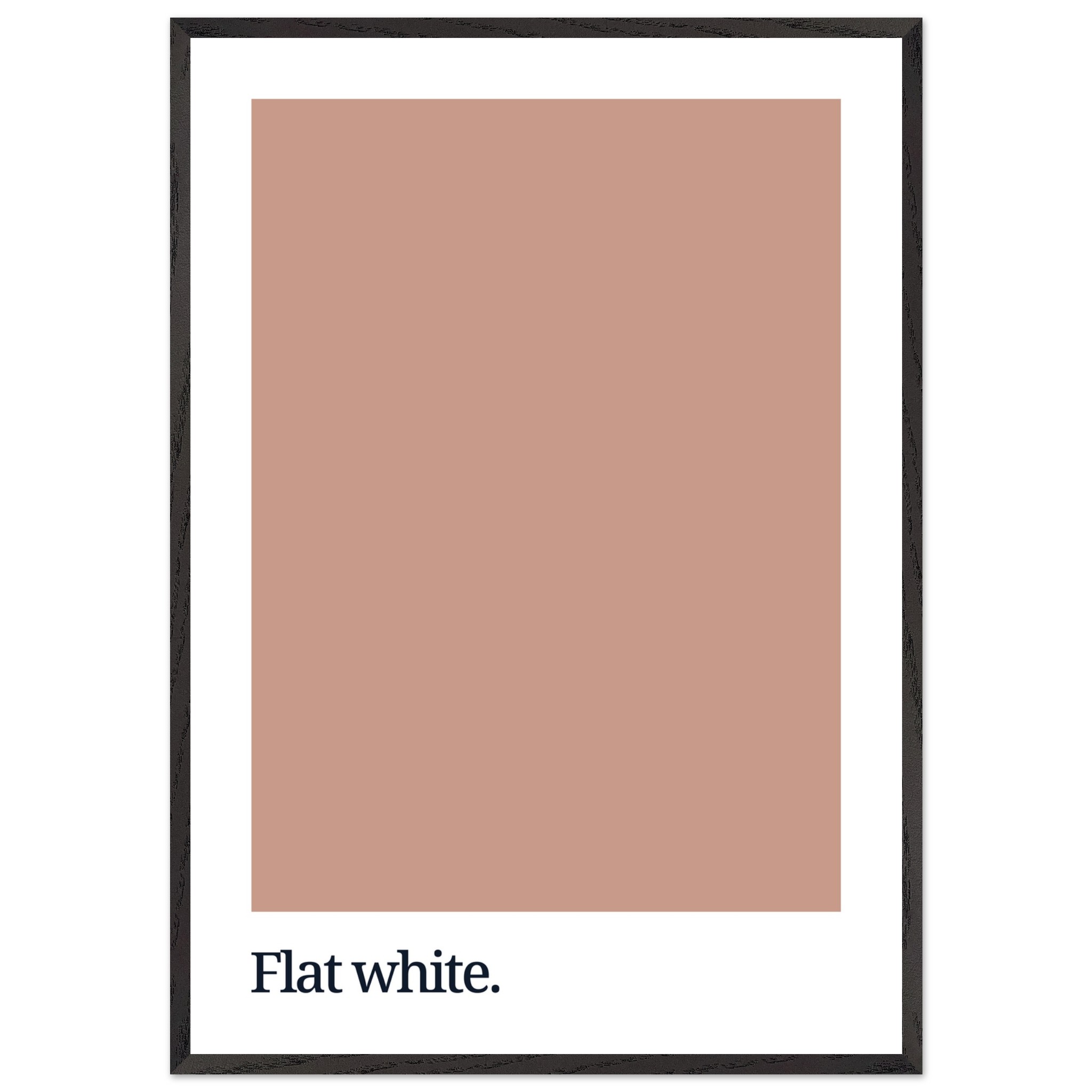 A minimalist poster featuring a flat white color swatch with the text "Flat white." in black typography, framed in a simple black frame.