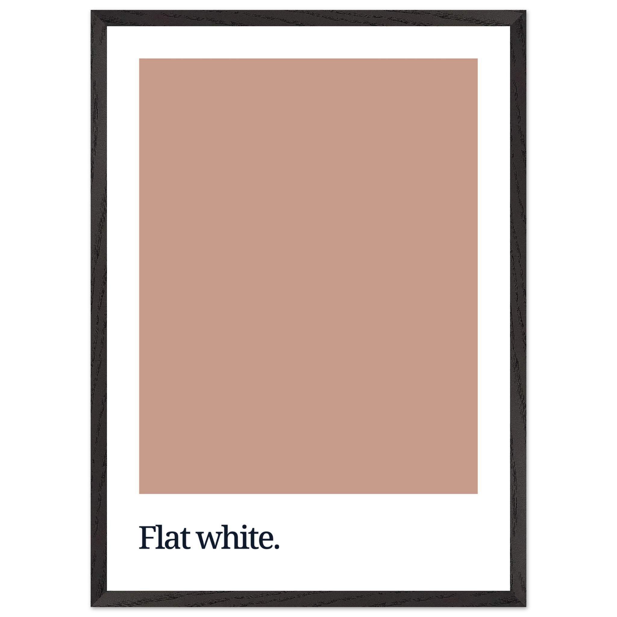 A framed print featuring a flat white color swatch with the text "Flat white." in a minimalist style, set against a white background.