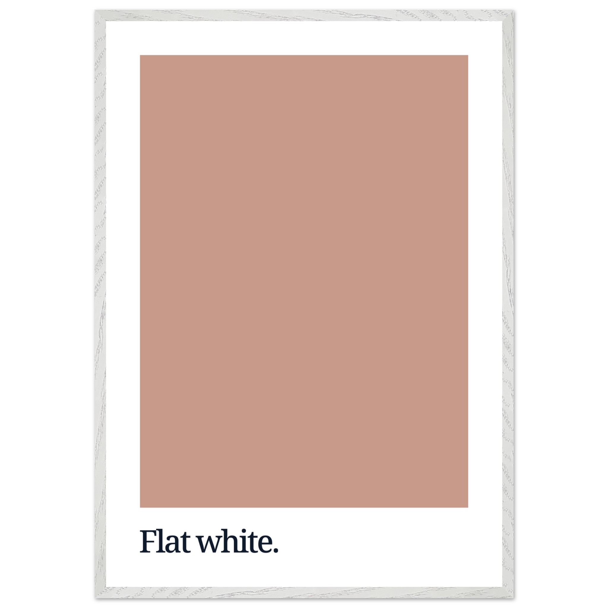 A minimalist poster featuring a large flat white color swatch with the text "Flat white." in black typography at the bottom, framed in a simple white border.