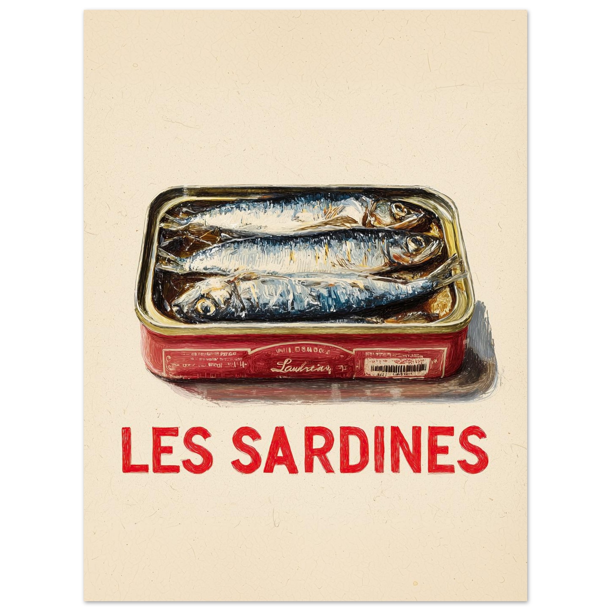 A vintage-style illustration of a tin can containing sardines with the text "LES SARDINES" below.