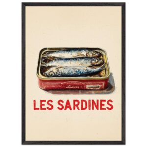 A framed poster featuring a can of sardines with the text