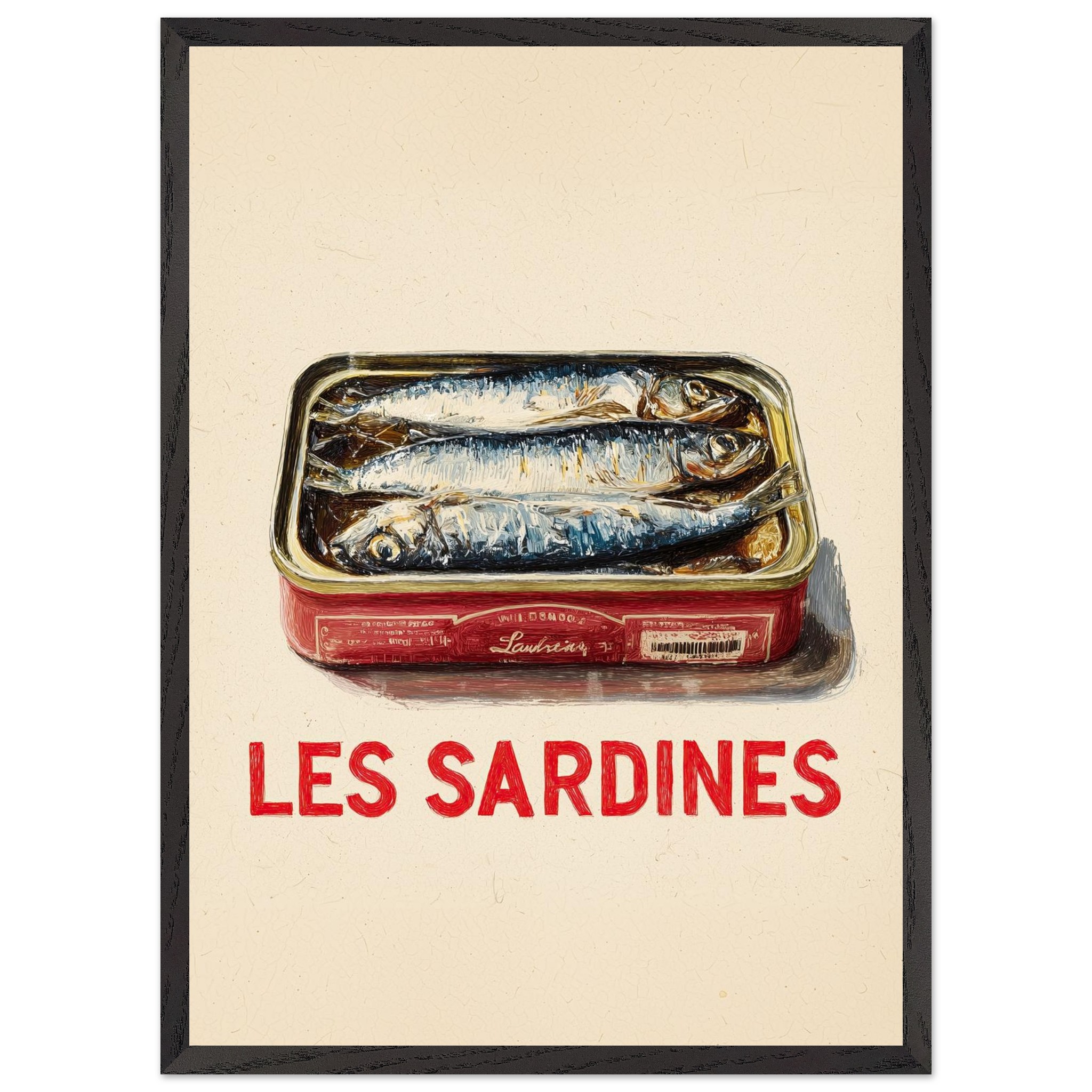 A framed poster featuring a can of sardines with the text "LES SARDINES" below the illustration.