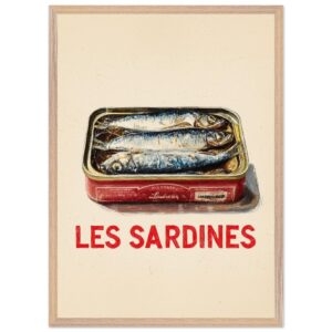 A framed poster featuring a tin of sardines with the text