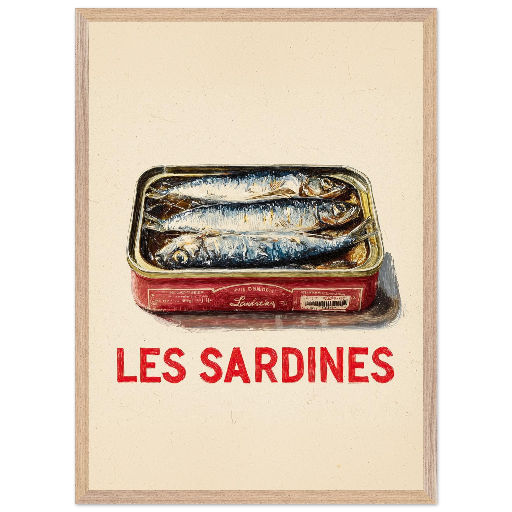 A framed poster featuring a tin of sardines with the text "LES SARDINES" in bold red letters.