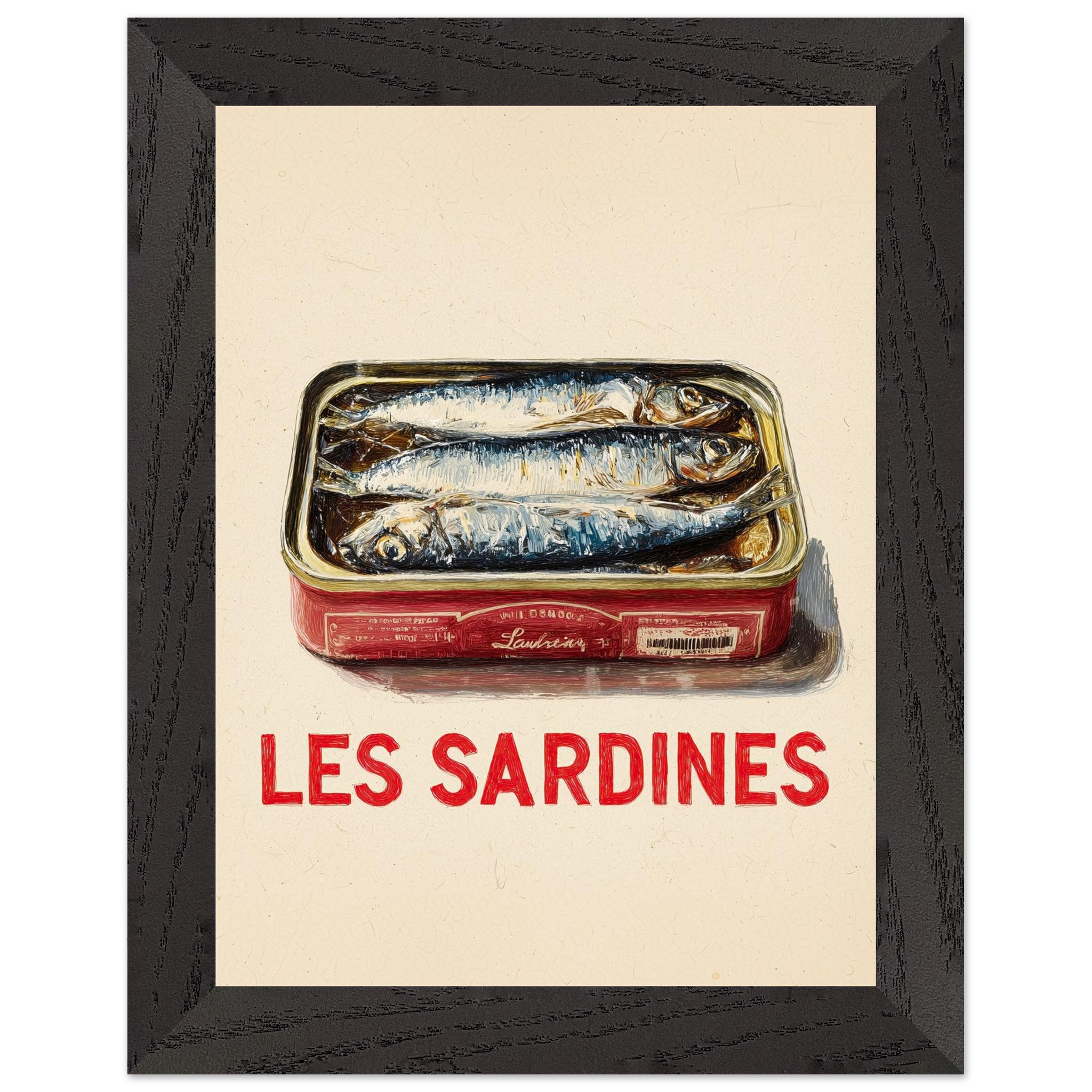 Framed poster featuring a tin of sardines with the text "LES SARDINES" in bold red letters.