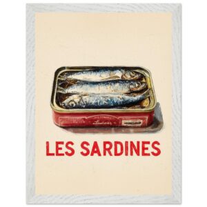 A vintage-style poster featuring a tin of sardines with the text